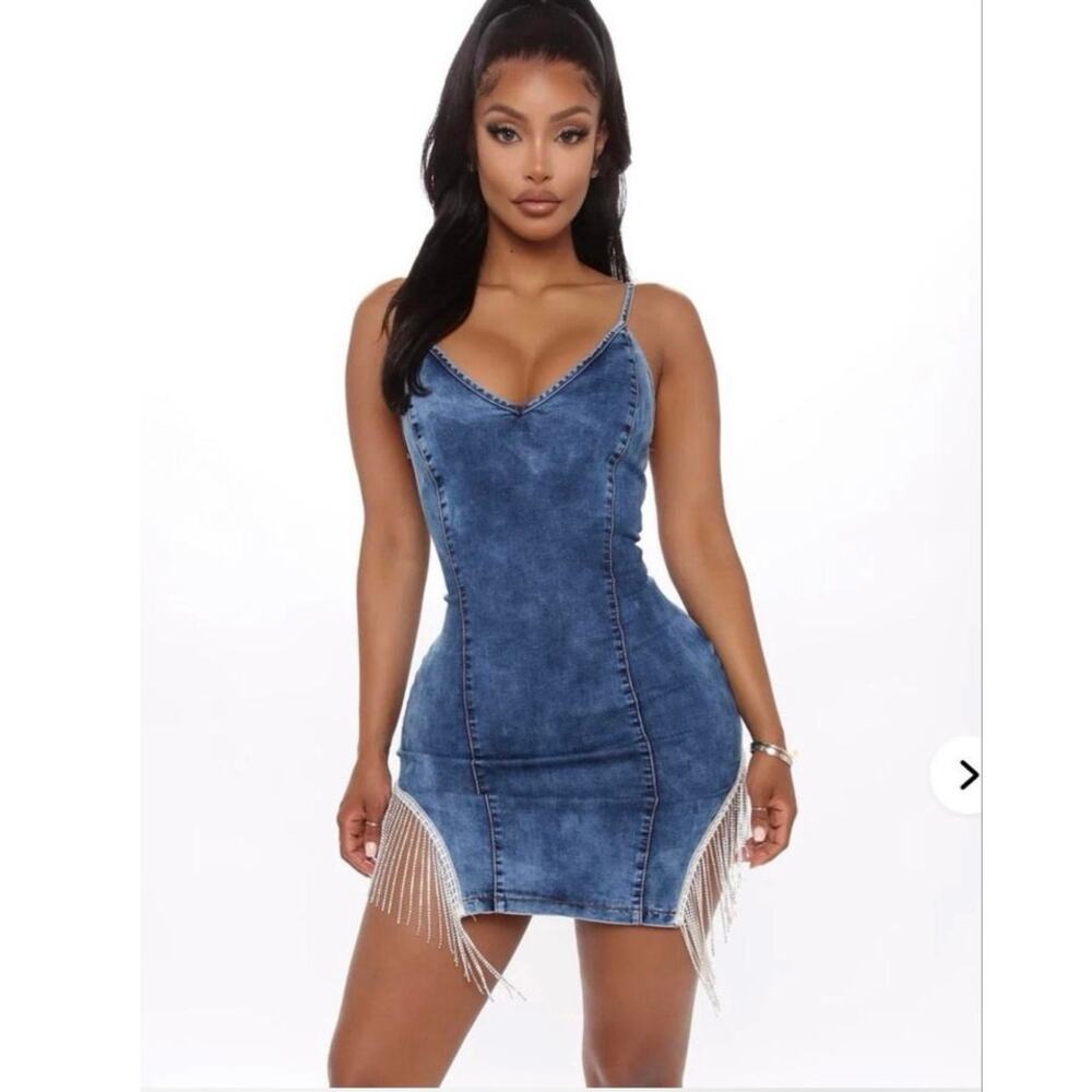 Fashion Nova Women M Acid Wash Denim Rhinestone Fringe Cutout Mini Dress